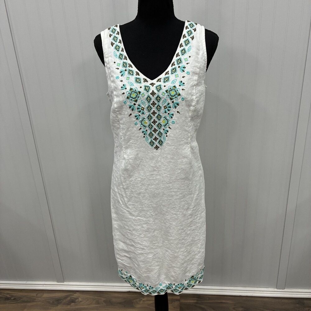 J.Jill Women's Medium White Love Linen Dress Sleeveless Embroidered V-Neck Midi
